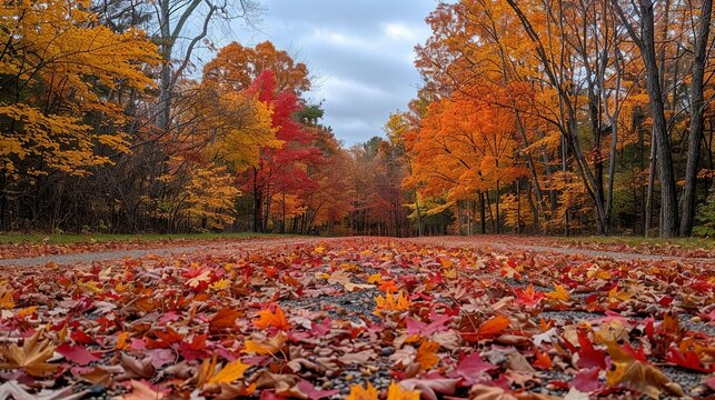 A picturesque autumn scene with trees in full fall colors and a carpet of fallen leaves, highlighting the changing seasons. Minimal and Simple,