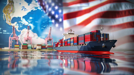 A detailed model of a container ship is positioned in front of a large American flag, symbolizing the vessels journey through international waters