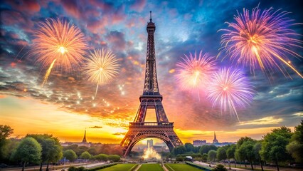 Obraz premium Iconic Eiffel Tower: Bastille Day Celebration in France. Perfect for: Bastille Day celebrations, French national holidays, Event promotions, travel advertisements, social media posts.