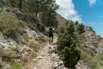 Fototapeta premium Male hiker walking on mountains on a summer day.