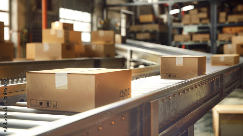 Aufkleber boxes being transported on a conveyor belt in a warehouse for sorting and distribution