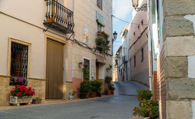 Fototapeta premium Plants and flowers in a beautiful town street, in Castell de Castells, Alicante, Comunidad Valenciana (Spain)