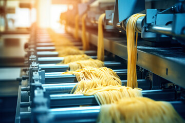 A mesmerizing scene unfolds as a line of fresh pasta is meticulously crafted in a bustling factory