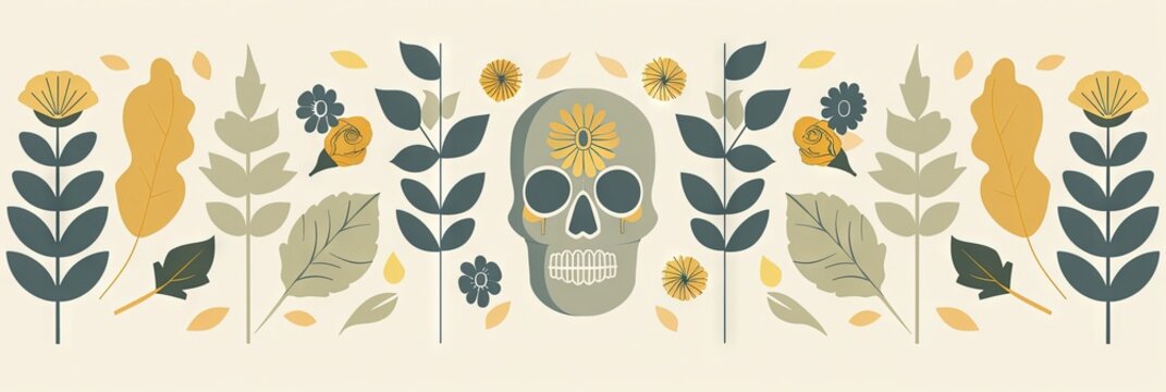 Calavera, floral, colorful, --ar 3:1 --sref 912 Job ID: d4a651f8-d976-4054-962a-3f9b48b4188a