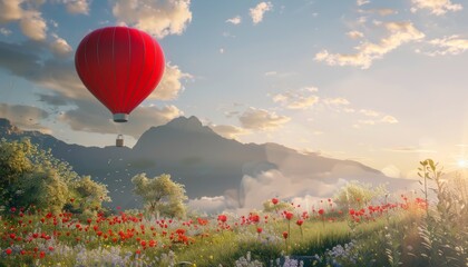 Naklejka premium Up, Up, and Away: The Vibrant Red Hot-Air Balloon Dancing in the Summer Sky