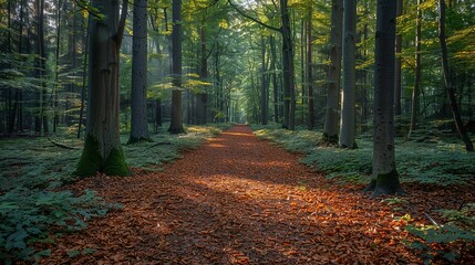 A tranquil forest path with sunlight filtering through the trees and a carpet of fallen leaves, inviting exploration and reflection. Minimal and Simple,