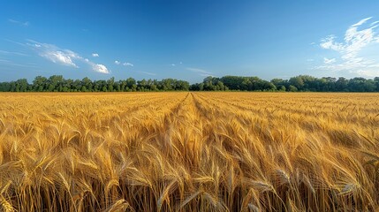A panoramic view of a golden wheat field under a clear blue sky, illustrating the bounty and beauty of agricultural landscapes. Minimal and Simple,