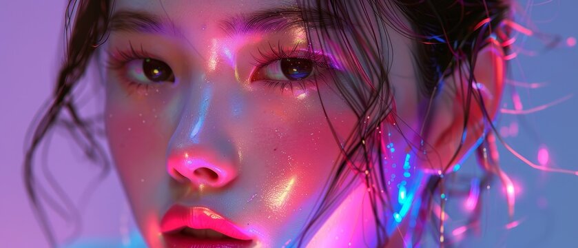 Close-up portrait of a woman with iridescent light.