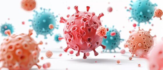 Microscopic image of pink viruses on white background.