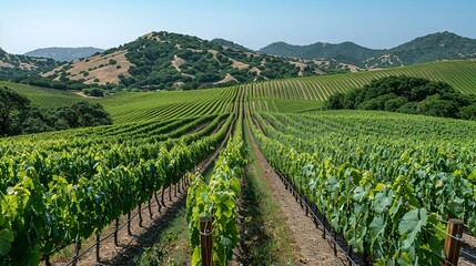 Fototapeta premium A picturesque vineyard with rows of grapevines and rolling hills in the background, illustrating the beauty of agricultural landscapes. Minimal and Simple,