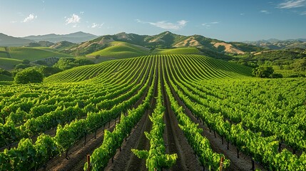 A picturesque vineyard with rows of grapevines and rolling hills in the background, illustrating the beauty of agricultural landscapes. Minimal and Simple,