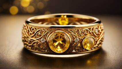 A stunning ring design adorned with a bright yellow gemstone glimmering in the light