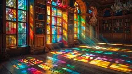 Colorful stained glass window casts vibrant light patterns on wooden floor.