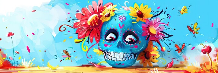 Calavera, floral, colorful, --ar 3:1 --sref 952 Job ID: 85eb7cb7-7893-4996-b9f6-de1583758b9a