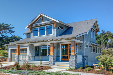 Charming Craftsman Style New Construction Light Gray House Highlighting Clean Lines and Open Spaces in a Coastal Bluff Setting