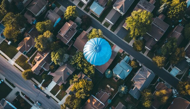 Floating Above the Suburbs: A Magnificent Blue Hot Air Balloon Perspective