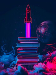 Naklejka premium Illustration of a textbook stack with a rocket ascending from the top book, representing academic achievement and aspiration