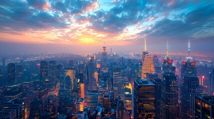 Fototapeta premium A panoramic view of a bustling city skyline at night with skyscrapers illuminated by thousands of lights, creating a vibrant urban landscape. Minimal and Simple,