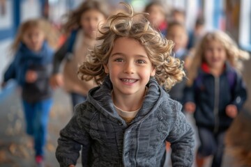 A group of happy children running down the hallway in their school