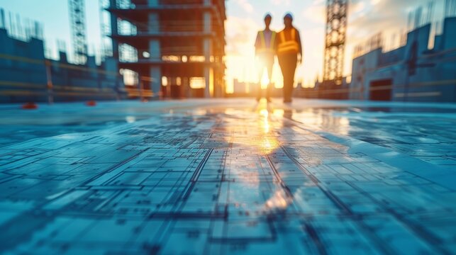 Construction site with engineers reviewing blueprints, high-rise buildings under construction in the background at sunset.