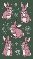 5 Cute fancy doodle rabbits in different poses, illustration.