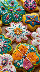 Fototapeta premium A colorful assortment of cookies with flowers and butterflies on them