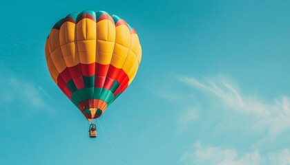 Fototapeta premium Chasing Rainbows: A Colorful Hot Air Balloon Soaring in a Clear Blue Sky