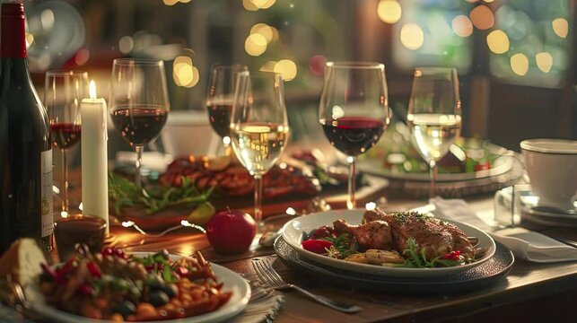 Create an enticing dinner advertisement showcasing delicious dishes, elegant table settings, and a warm ambiance to evoke a desire for a delightful dining experience.