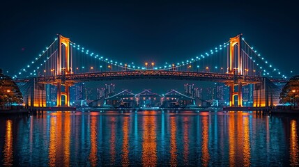 Fototapeta premium A nighttime cityscape featuring a landmark bridge illuminated by decorative lights, highlighting the architectural beauty of urban infrastructure. Minimal and Simple,