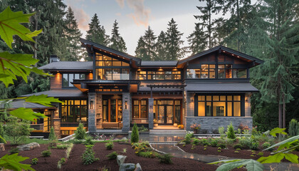 Fototapeta premium Elegant Craftsman Style New Construction Periwinkle House Highlighting Contemporary Architecture in a Serene Forest Area