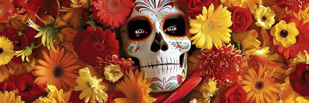 Calavera, floral, colorful, --ar 3:1 --sref 1004 Job ID: 49498d8e-38a0-46aa-bc0b-94bdb27dc6bf