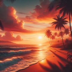 A scenic sunset over a tropical beach, featuring palm trees silhouetted against a dramatic sky with vibrant orange and pink colors. Gentle waves lap the sandy shore, creating a tranquil and