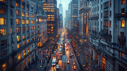 A bustling financial district with towering office buildings, busy streets, and people in business attire, representing the economic hub of the city. Minimal and Simple,