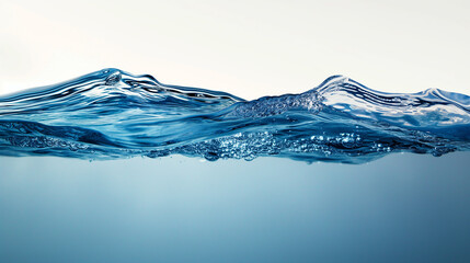 Blue water smooth line surface, side view ,See clearly through the opposite side ,no air bubbles inside ,on white background.