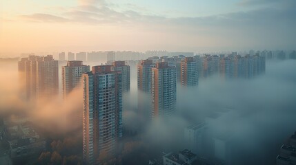 A serene morning cityscape with fog partially obscuring tall buildings, creating a mystical and tranquil atmosphere in the urban environment. Minimal and Simple,