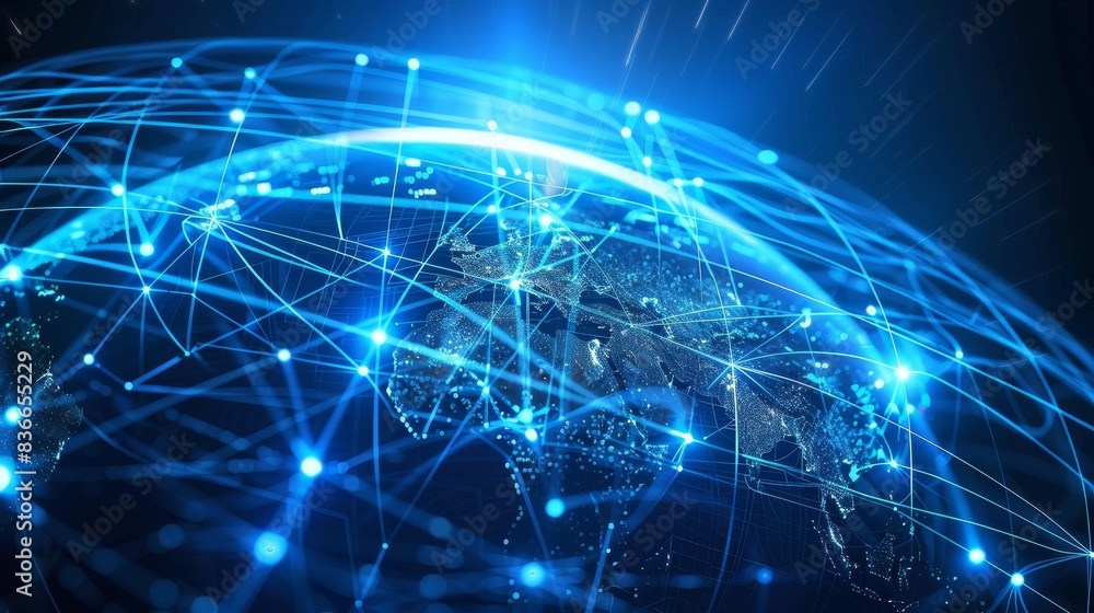 Poster global connectivity: a 3d vector illustration of a digital globe with network lines emanating from i