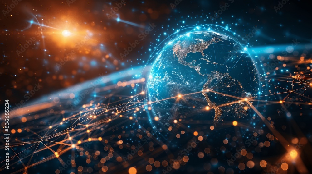 Poster global connectivity: a 3d vector illustration of a digital globe surrounded by network lines