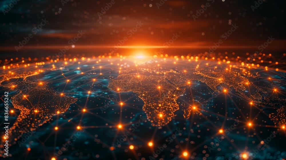 Poster global connectivity: a 3d vector illustration of a world map with glowing dots connected by lines