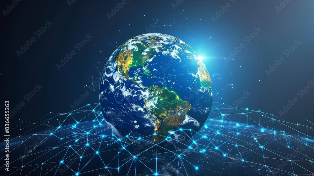 Poster global connectivity: a 3d vector illustration of the earth surrounded by interconnected lines repres