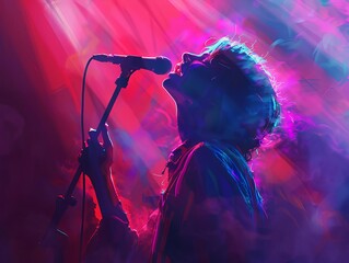 Generate a digital artwork of a high-angle view showcasing a solo singer passionately performing on a karaoke stage, bathed in a spotlights glow