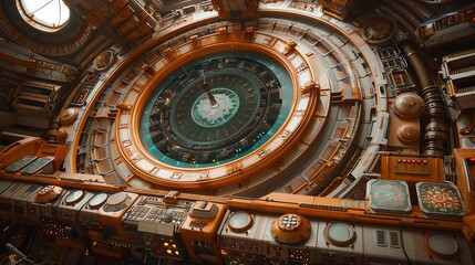 Obraz premium A large, intricate clock face, part of a complex steampunk-inspired machine.