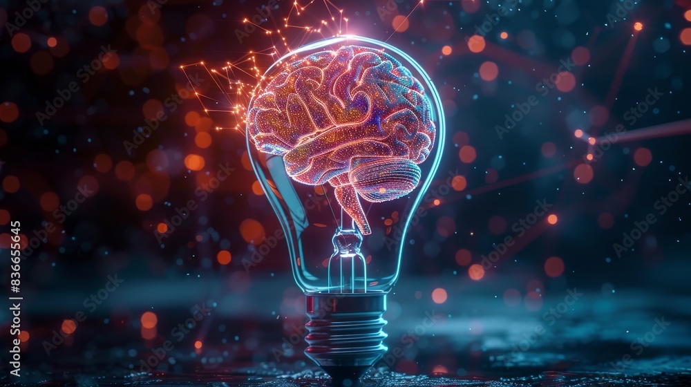 Poster technology and innovation: a 3d vector illustration of a lightbulb with a digital brain
