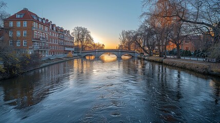 A serene city river with historic bridges and modern buildings on either side, highlighting the blend of old and new architecture. Minimal and Simple,