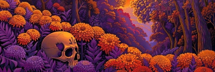 Calavera, floral, colorful, --ar 3:1 --sref 1030 Job ID: 89522b56-8387-447c-9472-fe93eca6d6ba