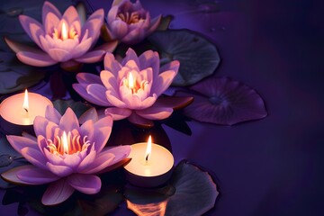Dark purple background with lotus flowers and burning candles for spa or meditation concept, copy space