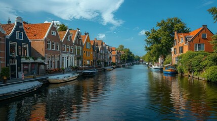 Fototapeta premium A picturesque city canal lined with historic buildings, cafes, and boats, illustrating the charm and beauty of waterfront urban areas. Minimal and Simple,