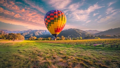 Obraz premium Soaring above the Vineyards: A Hot Air Balloon Adventure in Napa Valley, California