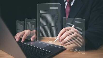 Electronic signature business concept. Businessman signs an electronic document, business approved,...