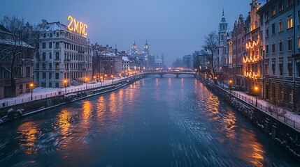 Fototapeta premium A tranquil city river at twilight with historic buildings and bridges illuminated by streetlights, creating a romantic and picturesque scene. Minimal and Simple,
