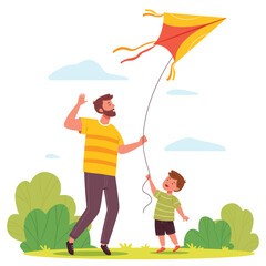 Father and son fly kite together.Family, man parent and boy child outdoor on summer holiday. Flat vector hand draw